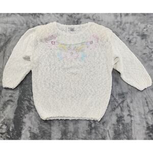 Vintage 80s Margules Acrylic Nubby Knit Crop Sleeve Sweater Size L White Floral